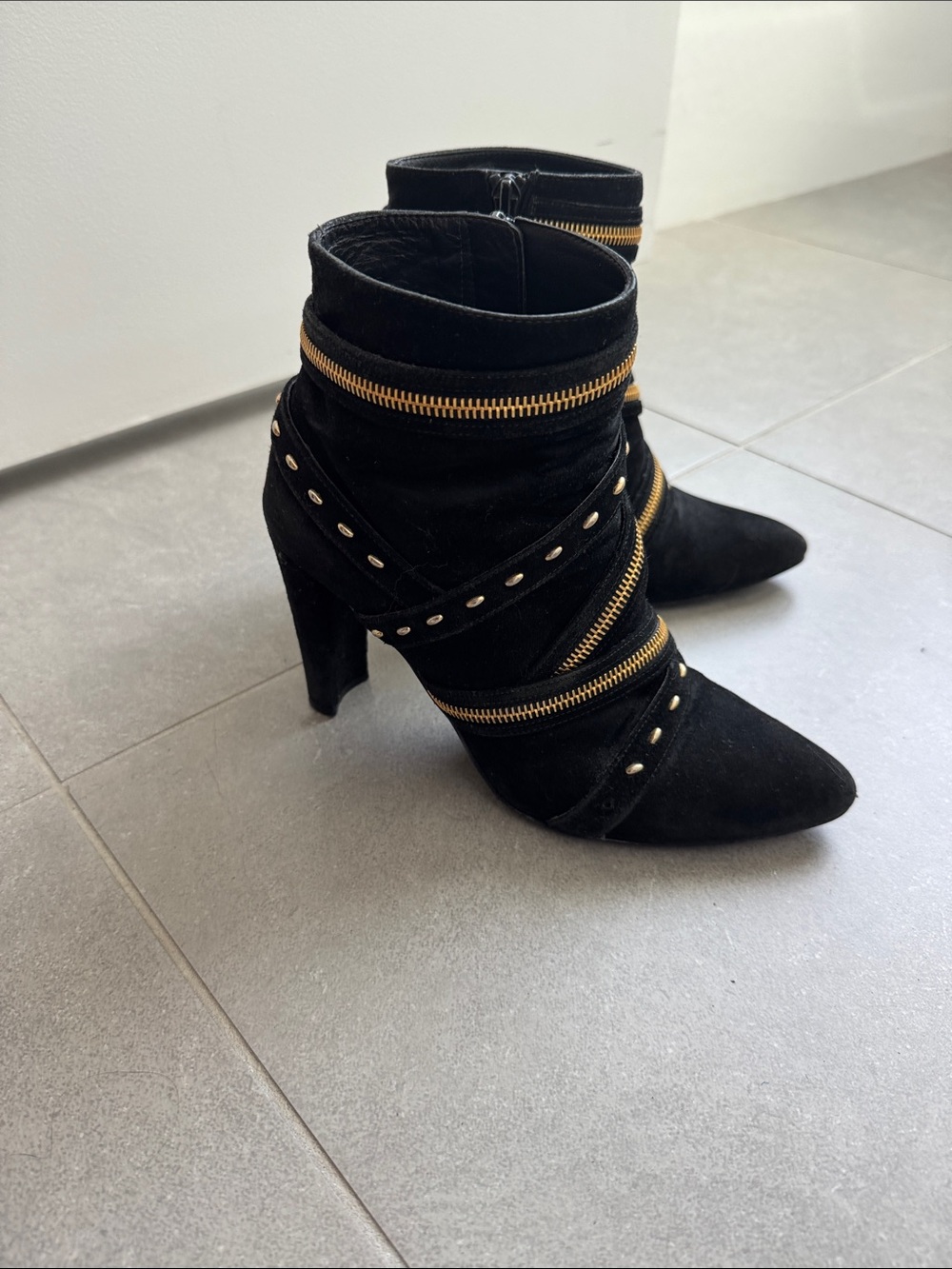 Stuart Weitzman Black Suede Ankle Boots with Gold Zipper Trim